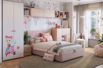 Комплект детской мебели Алина К2 Дуб мария/белый/нежно-розовый велюр в Новоалтайске - novoaltajsk.mebel54.com | фото