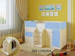Кровать-чердак Малыш-4 Дуб молочный/Голубой в Новоалтайске - novoaltajsk.mebel54.com | фото