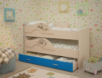 Кровать выкатная Радуга-Сафари детская 1600 Млечный дуб/Голубой в Новоалтайске - novoaltajsk.mebel54.com | фото