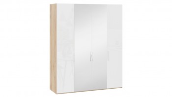 Шкаф комбинированный с 2 глухими и 2 зеркальными дверями «Эмбер» Яблоня Беллуно/Белый глянец в Новоалтайске - novoaltajsk.mebel54.com | фото